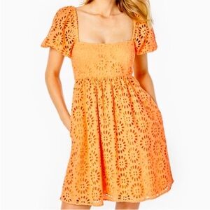 Lilly Pulitzer Kay Puff Sleeve Eyelet Dress Cantaloupe 2 Babydoll size 4